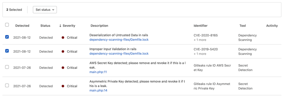 Index · Vulnerability report · Application security · User · Help · GitLab